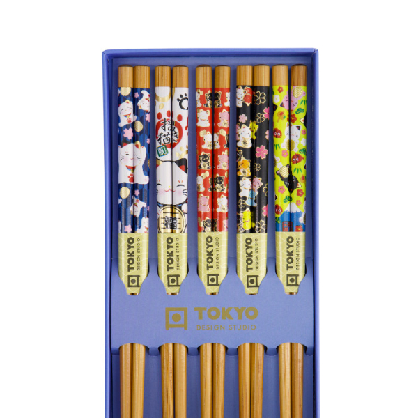 Chopstick Set Lucky Cat/Carp Red, Blue, 5 pairs, Bamboo, Item No. 33454