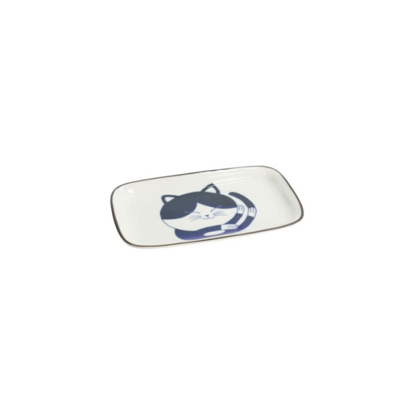 Rectangular Plate Kawaii Cat Neko D Blue, White, Porcelain, 16.3 × 10.2 cm, Item No. 33495