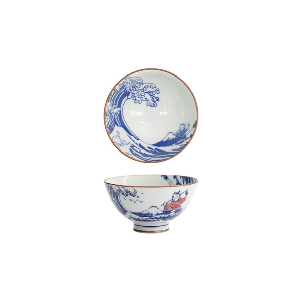 Rice Bowl Kawaii Wave Cat Blue, Red, Porcelain, 300 ml