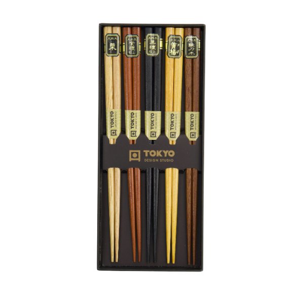 Chopstick Set Gold, Silver Dragon, 5 pairs, Wood, Item No. 33632