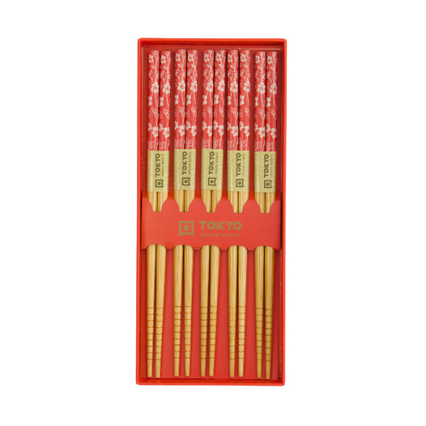 Chopstick Set Red Leaf, 5 pairs, Bamboo, Item No. 33643
