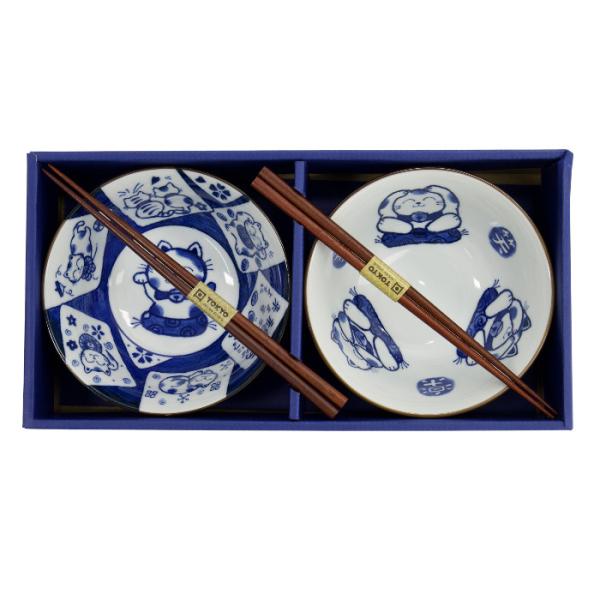 TDS, Tayo Bowl Set, Kawaii Cat Giftset 2-piece set w/chopsticks, Ø 14.9x6.7cm 500ml, Item No. 33694