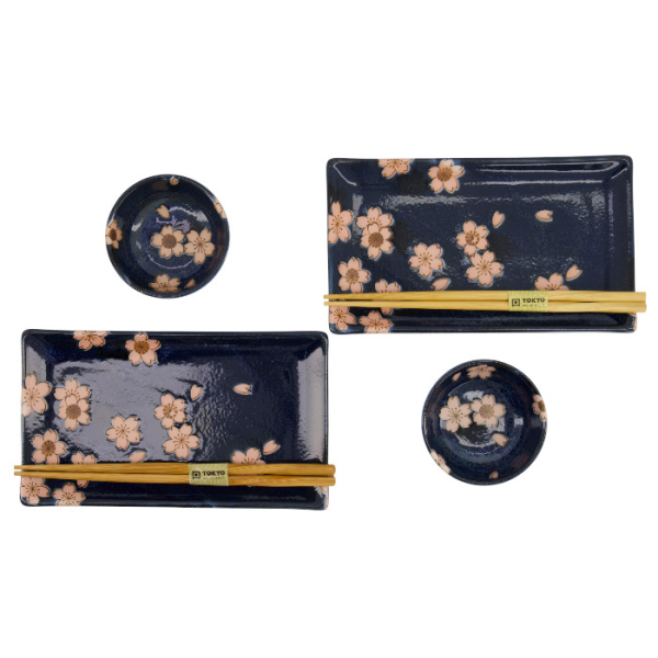 TDS, Sushi Set, Sakura, w/Chopsticks, Navy, 6pcs, 22x13x2cm & 8.5x3.4cm, Item No. 33759