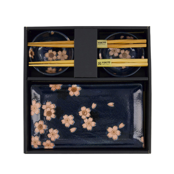 TDS, Sushi Set, Sakura, w/Chopsticks, Navy, 6pcs, 22x13x2cm & 8.5x3.4cm, Item No. 33759