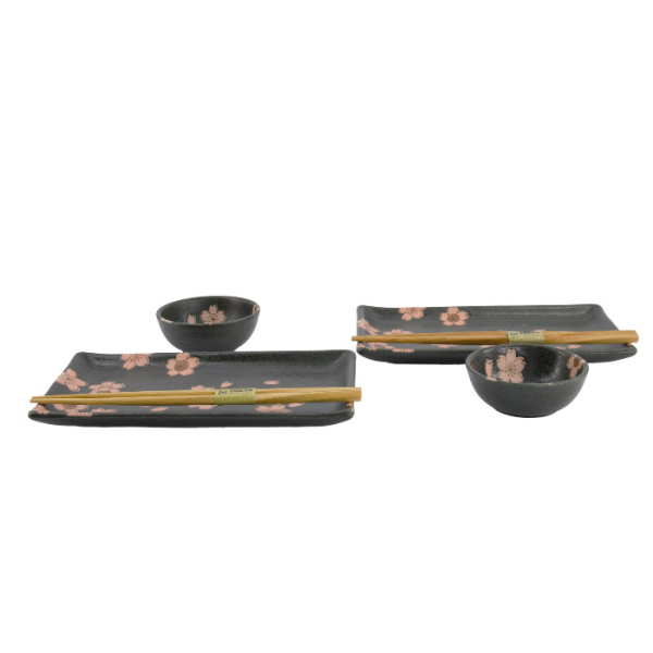 TDS, Sushi Set, Sakura, w/Chopsticks, Black, 6-piece set, 22x13x2cm & 8.5x3.4cm, Item No. 33760