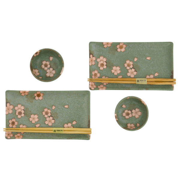TDS, Sushi Set, Sakura, w/Chopsticks, Green, 6pcs, 22x13x2cm & 8.5x3.4cm, Item No. 33761