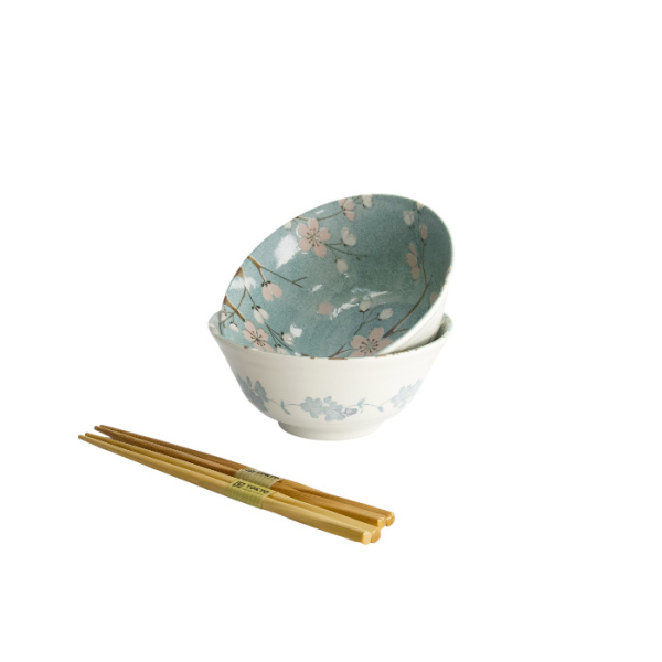 TDS, Tayo Bowl Giftset with chopsticks, Fujisakura, Green, 2 Pcs, Ø 15.5x7cm 500ml, Item No. 33783