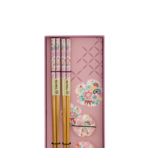 TDS, Chopstick Set, Pink Flower, with chopstick rests, 2 pair, Item No. 33921