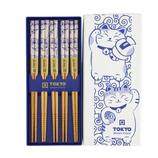 TDS, Chopstick Gift Set, Neko Cat Blue, 5 pair, Item No. 33936