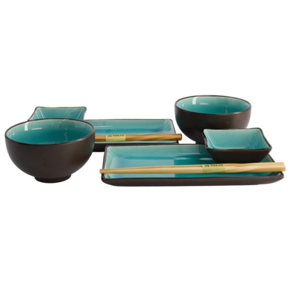 Sushi-Set Glassy Turquoise Schwarz, 8-tlg., Steinzeug, Art.-Nr. 8154