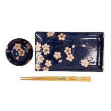 TDS, Sushi Set, Sakura Navy, 2 Pcs w/Chopsticks, 22.5x12.7cm & 8.6x3.6cm, Item No. 22582