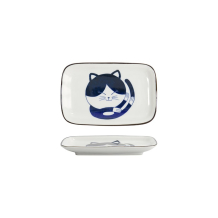 Rectangular Plate Kawaii Cat Neko D Blue, White, Porcelain, 16.3 &times; 10.2 cm