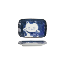 Rectangular Plate Kawaii Cat Neko F Blue, White, Porcelain, 16.3 &times; 10.2 cm