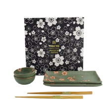 TDS, Sushi Set, Sakura, w/Chopsticks, Green, 6pcs, 22x13x2cm & 8.5x3.4cm, Item No. 33761