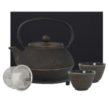 Cast Iron Teapot Set Arare Gold, 0.8 L, with 2 Cups, Coaster and Strainer, Item No. SA08go