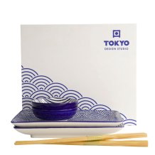 Sushi Set Nippon Blue Lines-Dots, White, 6pcs, Porcelain