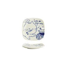 Square Plate Neko Maruke White, Blue, Porcelain, 12.5 &times; 12.5 &times; 1.8 cm