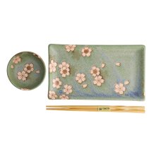 TDS, Sushi Set, Sakura Green, 2 Pcs w/Chopsticks, 22.5x12.7cm & 8.6x3.6cm, Item No. 22584