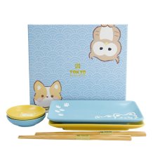 TDS, Sushi Set, Kawaii Shiba Owl, Giftset, 4 pcs with Chopsticks, Item No. 33482
