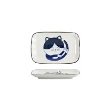 Rechteckiger Teller Kawaii Cat Neko D Blau/Wei&szlig;, Porzellan, 16,3 &times; 10,2 cm