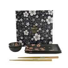 TDS, Sushi Set, Sakura, mit Chopsticks, 6tlg, Schwarz, 22x13x2cm & 8,5x3,4cm, Art.-Nr. 33760