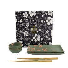 TDS, Sushi Set, Sakura, mit Chopsticks, 6tlg, Grün, 22x13x2cm & 8,5x3,4cm, Art.-Nr. 33761