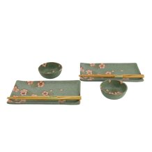TDS, Sushi Set, Sakura, w/Chopsticks, Green, 6pcs, 22x13x2cm & 8.5x3.4cm, Item No. 33761
