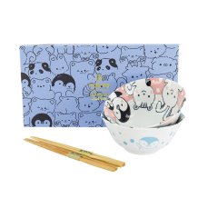 TDS, Tayo Schalen Set, Kawaii Animals Geschenkset, 2Stk mit Essstäbchen, Ø 15,5x7cm 500ml, Blau/Rosa, Art.-Nr. 33786